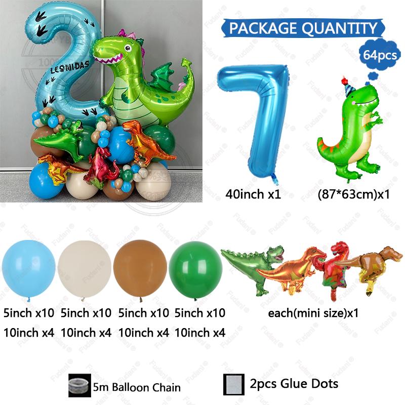 64pc/set Little Dinosaur Blue Series Digital Aluminum Film Balloon 1-9 Suitable for Birthday Party Anniversary Graduation Gift
