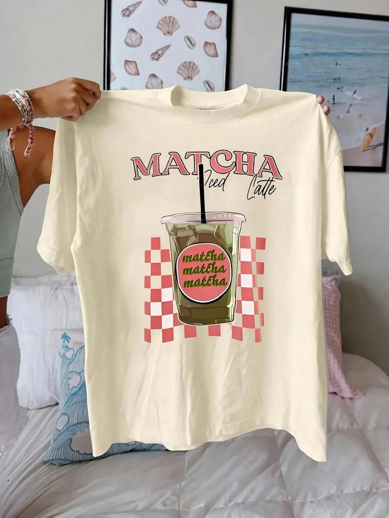 

Принт Напиток Матча со льдом Женские футболки Хлопковая многоцветная футболка Хип-хоп Летняя с коротким рукавом Y2K На каждый день Женская уличная одежда XL