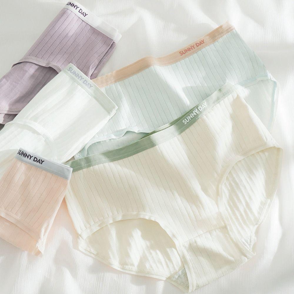 4Pcs Mid Waist Underwear for Women Letter Stripe Underpants Breathable Simple Briefs  Gifts