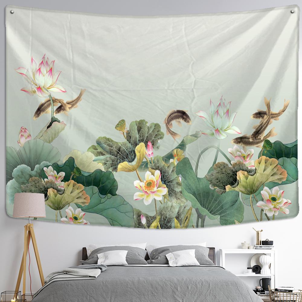 Lotus Ink Background Painting Tapestry Wall Hanging Koi Bohemian Minimalist Aesthetic Home Decoration