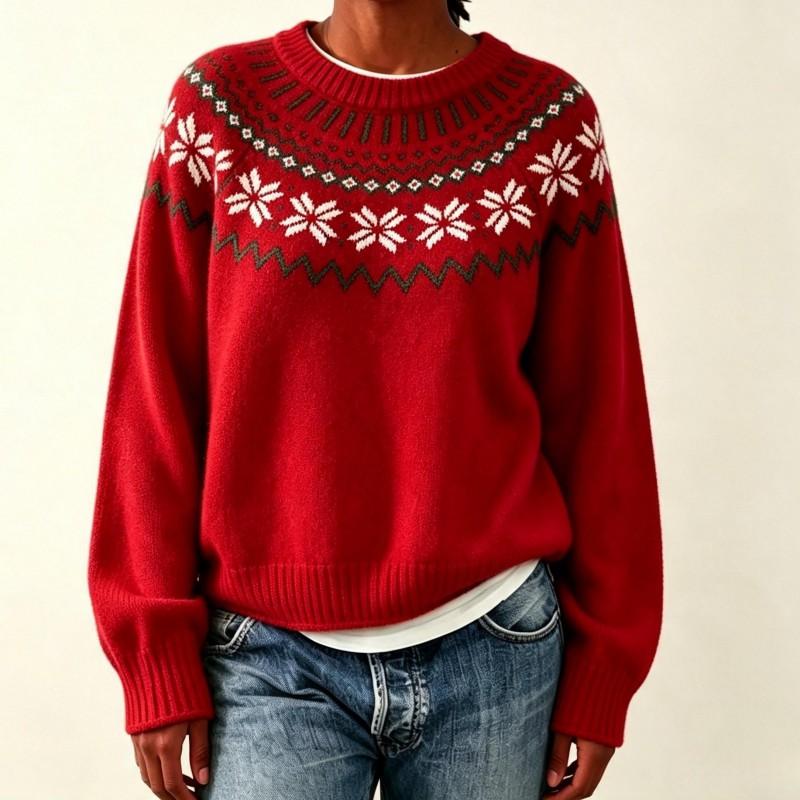 Fair Isle Knit Sweater Womens Retro Round Neck Octagon Pullover Loose Fit Winter