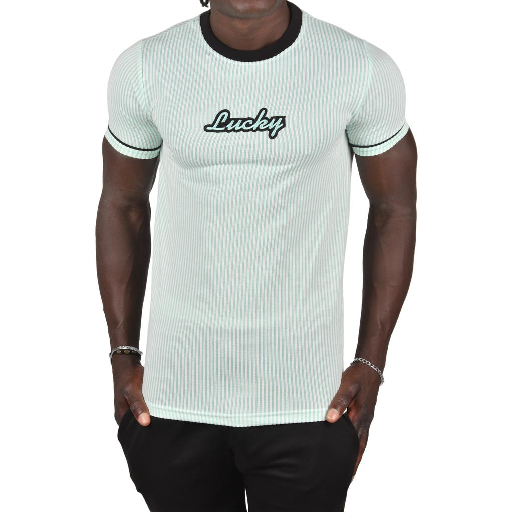 DeepSEA Slim Fit Lycra Striped Collar and Striped Sleeves Lucky Text T-Shirt 2403201