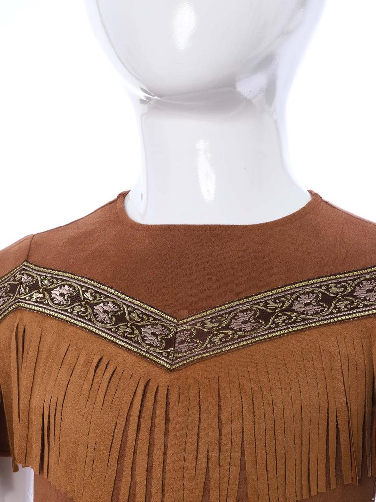 Girls Fringe Hem Dress Double Layer Tassel Decoration Round Neck Short Sleeve Chest Fringes Party Costume