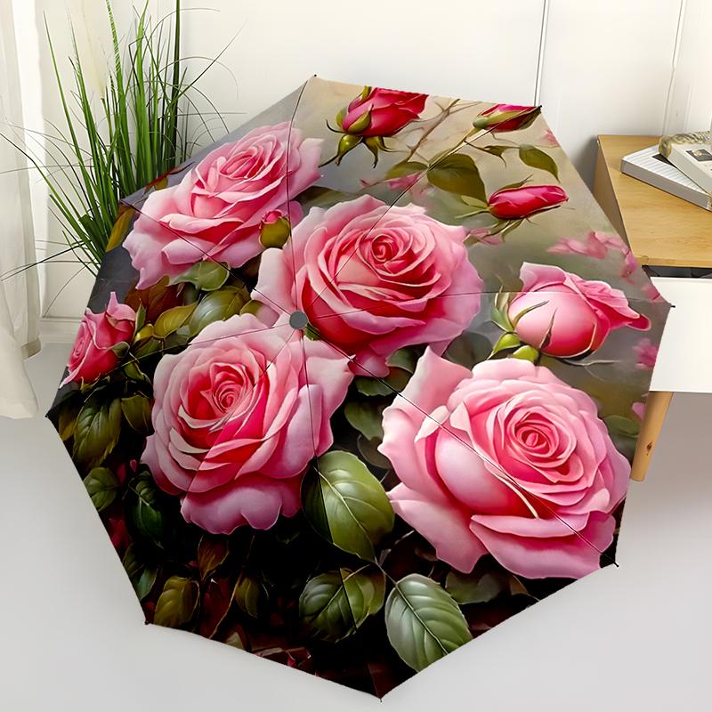Flower Theme Design Folding Umbrella-Fashionable Auto-Open Design 8 Iron Ribs Plastic Handle Foldable Sunshade,Perfect Gifts
