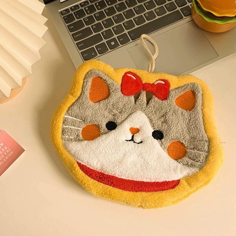1PCS Cartoon Coral Velvet Hand Towel For Kitchen Kawaii Cat Hand Wipe Cleaning Cloth Bathroom Hanging Towel Absorbent Clean Rag
