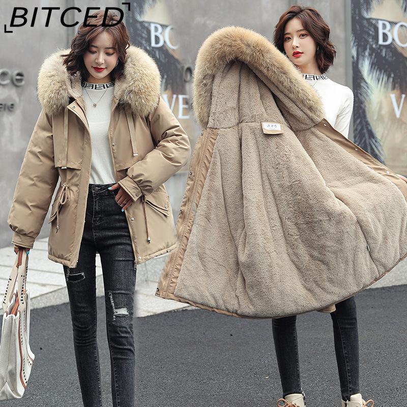 BITCED Women's Mid-Length Drawstring Cotton Coat with Fleece Lining Loose-Fit Puffer Jacket with Down-Fill Cotton Padding Winter Outerwear
