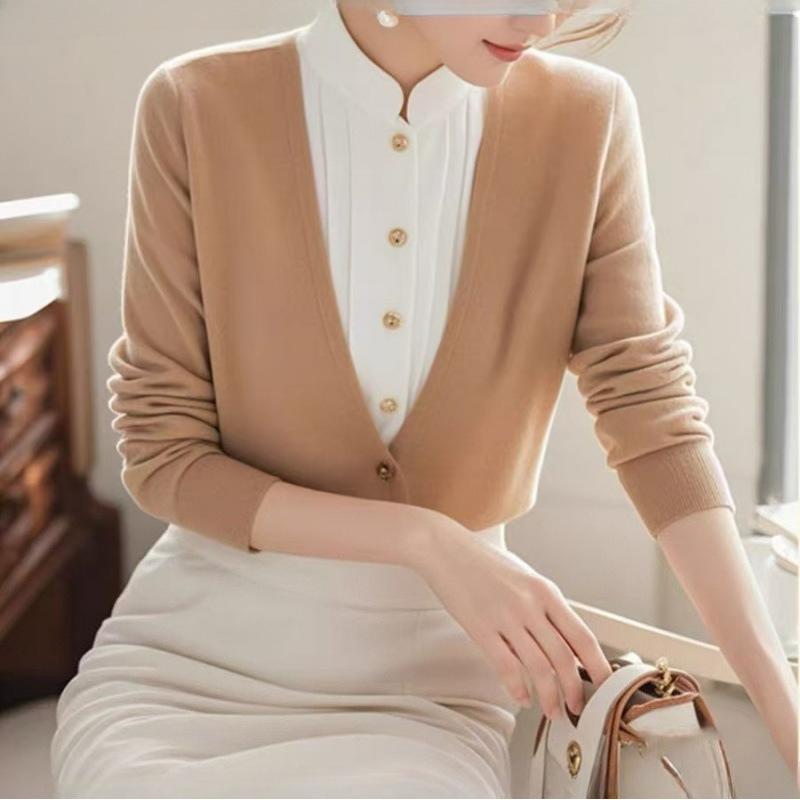 Womens Blue Fake Two Piece Sweater Year Autumn Elegant Knit Top Stand Collar Shirt