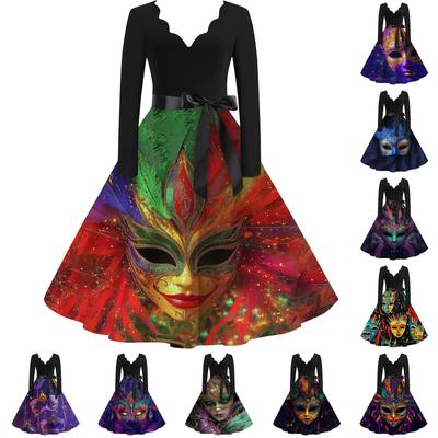 Damen Casual Fashion V-Ausschnitt Langarm Karneval Print Vintage Kleid