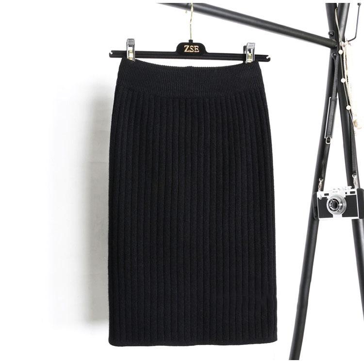 Elastic Women Skirts Autumn Winter Warm Knitted Straight Skirt Ribbed Mid-Long Skirt