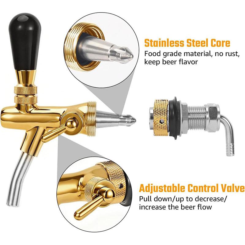 Golden Beer Tap,Adjustable Brew Faucet with Liquid Ball Lock Disconnect Connector,Kegerator Tap Dispenser withFlow Control Valve