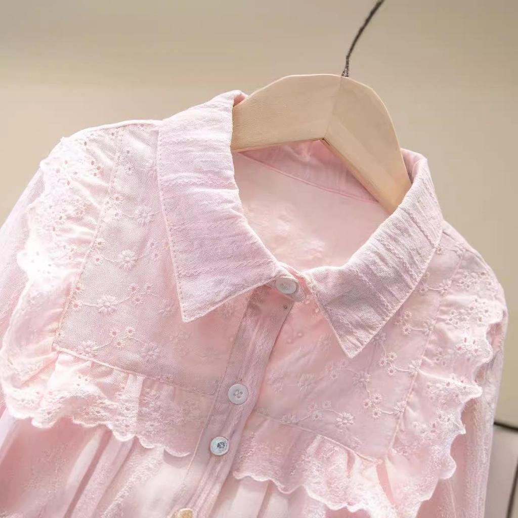 Girls' Spring 2023 Lace Long Sleeve Shirt - Fashionable Top for Middle and Big Kids