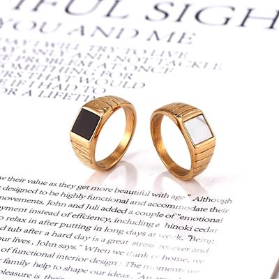 Geometric White Mother-of-Pearl & Black Shell Ring In 14k Gold with Titanium Steel