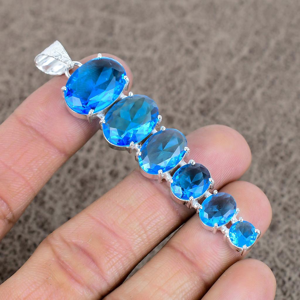 Blue Topaz Gemstone Handmade 925 Sterling Silver Jewelry Pendant 3.03" KKG-77