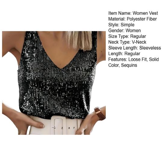 Women Vest Shiny Sequins Loose Fit Deep V Neck Sleeveless Tops Party Nightclub Stage Performance Camisole