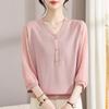 Chic V-Neck Hollow Knit T-Shirt for Middle-Aged Women - Loose, Comfortable Casual Top