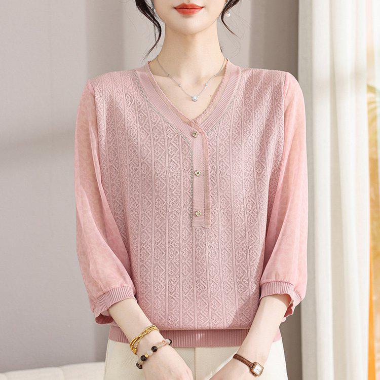 Chic V-Neck Hollow Knit T-Shirt for Middle-Aged Women - Loose, Comfortable Casual Top