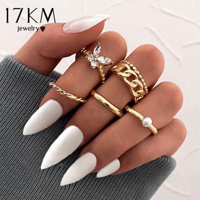 Bohemian Gold Butterfly Rings Set For Women Girls Pearl Resin Flower Cross Chain Finger Rings Jewelry Party