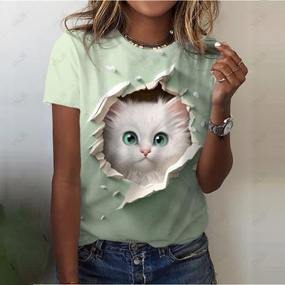 Summer Round Neck 3D Cat Print Top Fashionable Casual Short Sleeved Women's T-shirts