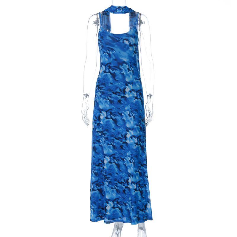 

Backless Mesh Ribbon Dress Spaghetti-Strap Floral Print Backless Gauzy Streamers Dress Blue L