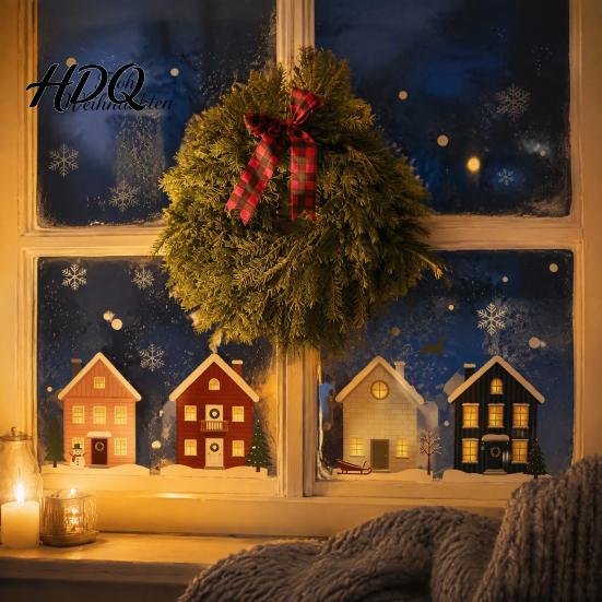 Elk Fir Tree Stickers 2Pcs Christmas Snowy House Static Window Clings, Snowflake Deer Glass Reusable Festive Decals Decals, No-Adhesive for Home Cafe