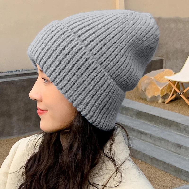 Winter Hat for Women Solid Color Stripe Knit Beanies Loose Elastic Heap Heap Cap Warm Thicken Bonnet Fashion Woolen Pullover Cap Outdoor Knitted Cap