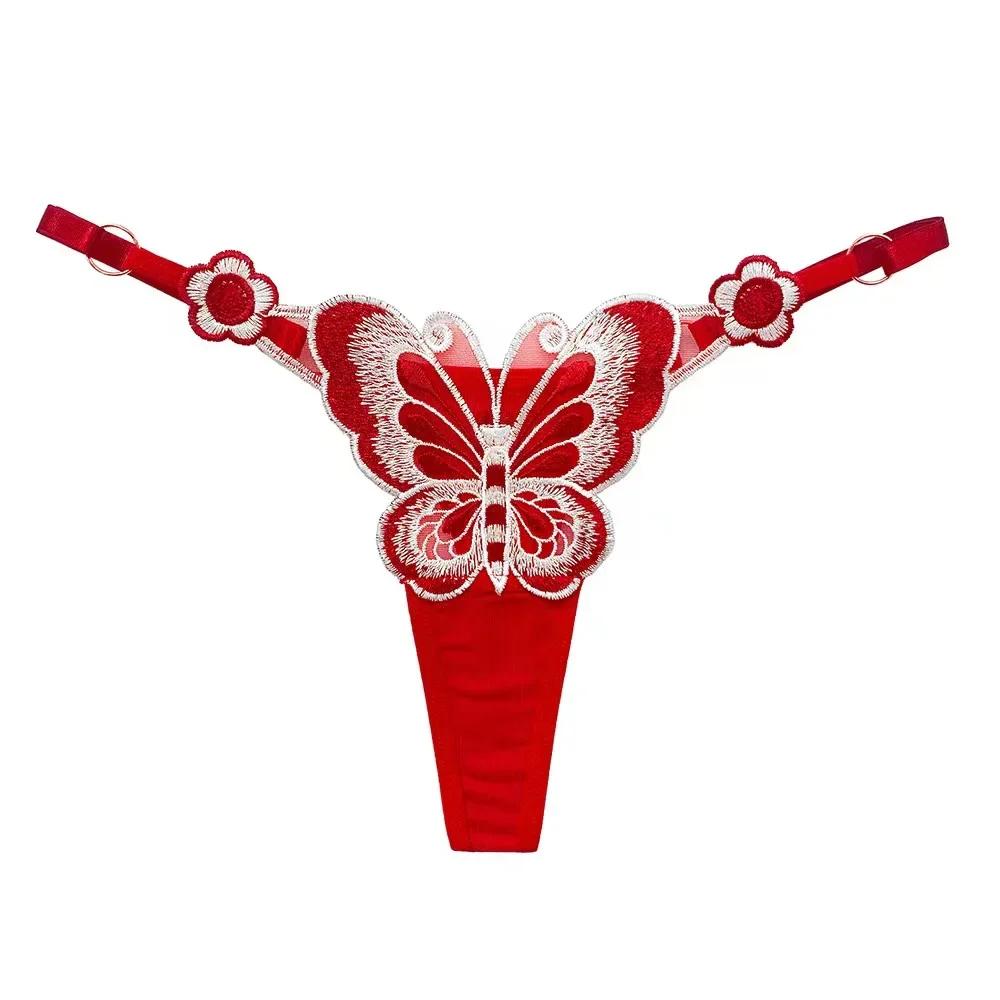 European Exquisite Butterfly Embroidered Thong Sweet Flower Perspective Lingerie Women Sexy Adjustable Briefs
