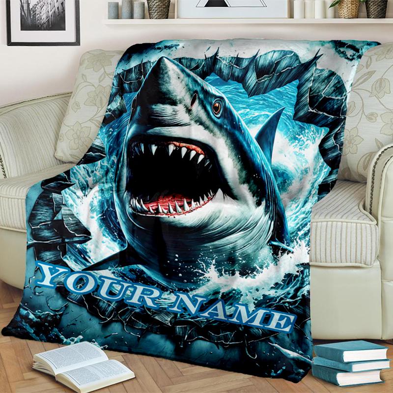1PC Custom Name Oceanic Shark Adventure Flannel Blankets Patterns Throw Blanket All-Season Soft Gift for Couch, Bed, Camping Gifts