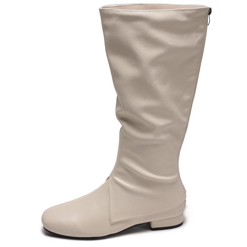 Korean version of versatile flat bottom round head high boots women's knee single boots Maillard white thin long knight boots