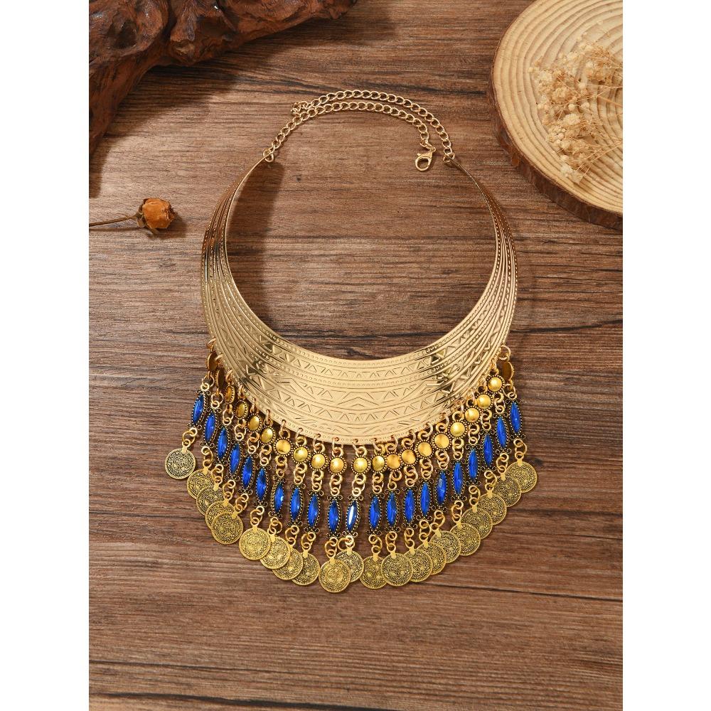 Multi-layer Tassel Inlaid with Diamonds Exaggerated Ethnic Style Pattern Collar Collar