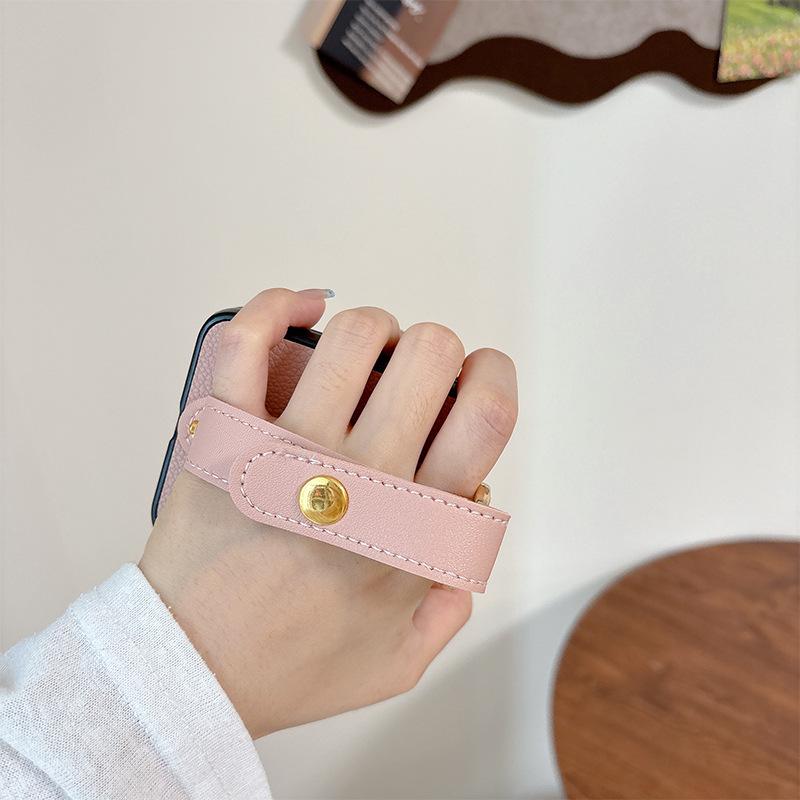 Applicable To Samsung Zflip6 Folding Leather Phone Case Findn3Flip Wristband Flip Xflip Solid Color Hard Case