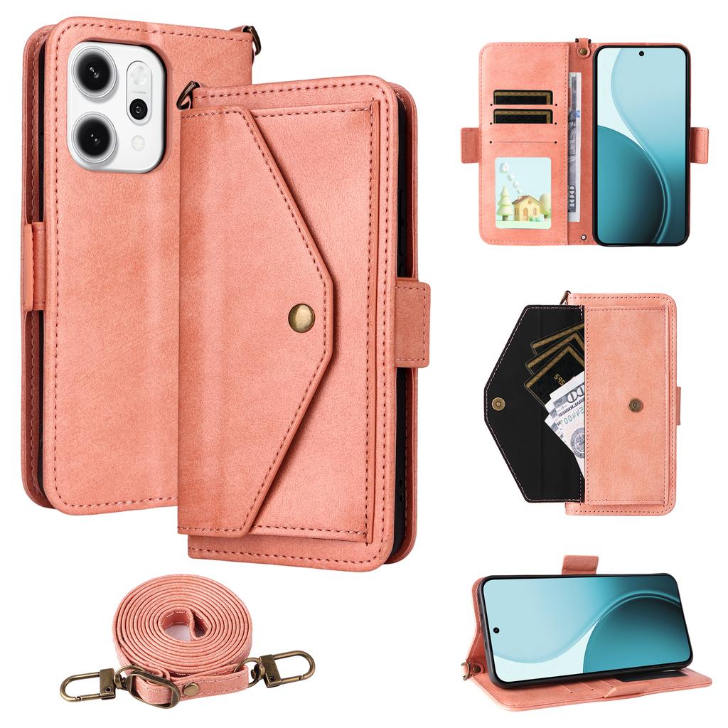 For Oppo Reno14 Pro 5G (Global) Leather Case Magnetic Closure Wallet Stand Phone Cover with Crossbody Strap