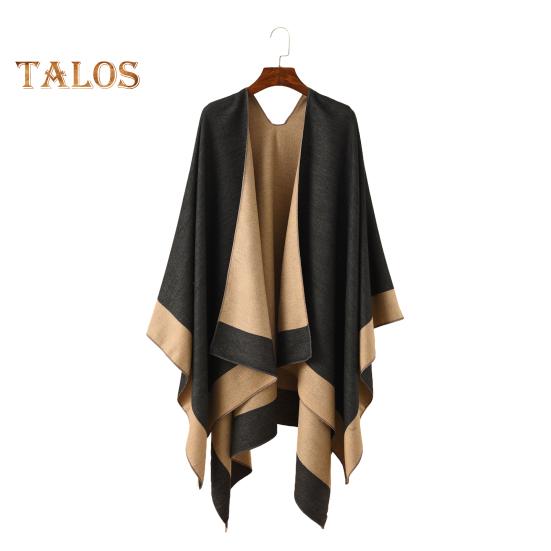 Women Warm Shawl Wrap Fall Winter Double-Sided Open Front Cape with Color Contrast Multiple Ways to Wear Poncho Sweater
