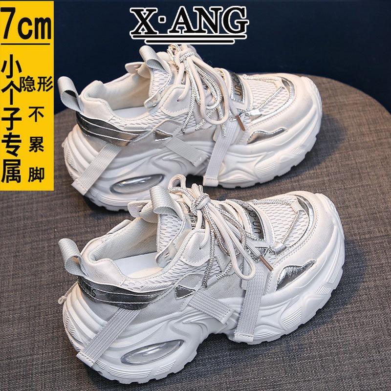 Small thick-soled heightening women's shoes leather dad shoes spring and summer new mesh breathable casual sports shoes