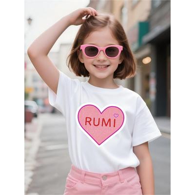European Size Girls Round Neck Short Sleeved T Shirt with Heart and English Patterns