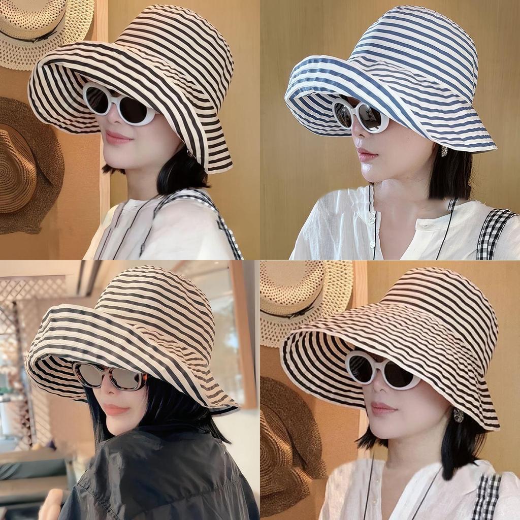Foldable Women Striped Sun Bucket Hat Fashion Summer Sunshade Cap Breathable