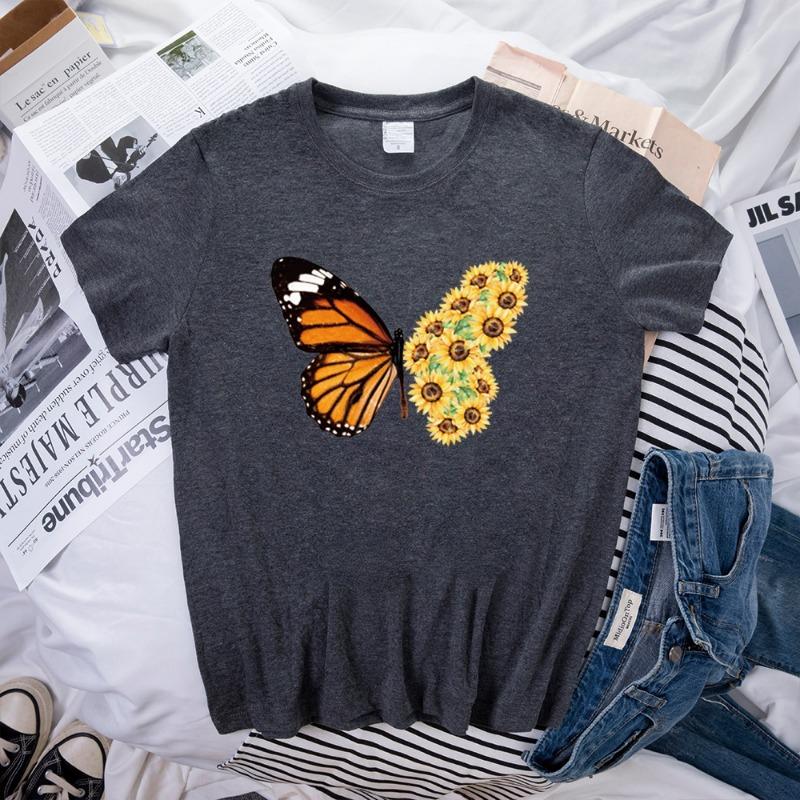 

Летние свободные повседневные футболки с круглым вырезом и принтом бабочки и маргаритки из чистого хлопка с короткими рукавами для женщин XXXL темно серый