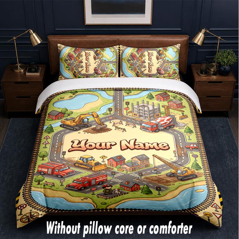 Construction Vehicles Theme Custom Text Or Name 3Pcs Bedding Set,1 Flat Sheet & 2 Pillowcases Personalized Home Bedding