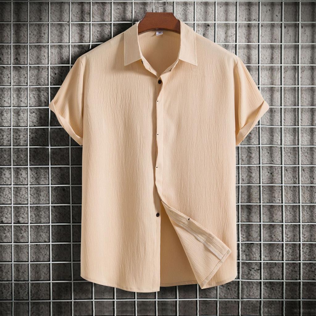 Summer Cotton Linen Shirt for Men's Lapel Loose Solid Color Hide Button Up Short Sleeve Shirts