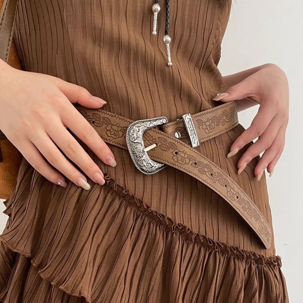 Vintage Printed Ethnic Style Belt Y2k Pants Decorative Fashion PU Leather Belt  Daily