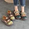 Johnature Genuine Leather Lace-up Thick Soled Shoes Retro Mixed Colors Round Toe Women's Flat Shoes