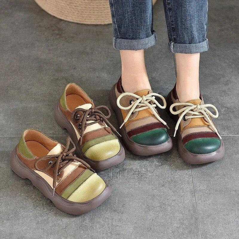 Johnature Genuine Leather Lace-up Thick Soled Shoes Retro Mixed Colors Round Toe Women's Flat Shoes