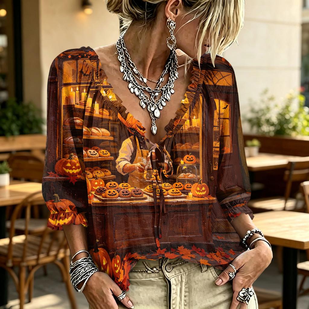Women's Halloween Print Tie Front Ruffle V Neck Blouse with