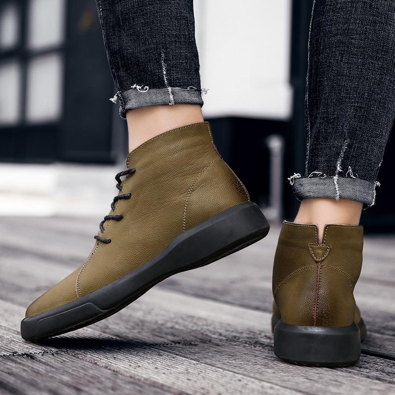 New Luxury Genuine Leather Lace Up Mid Top Boots Men Chelsea Boots Motorcycle Outdoor Cow Sole Shoes British Work Shoes Male
