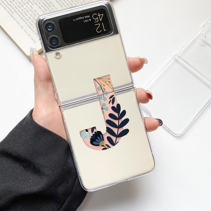 Art Initial Letter A To Z Pink Fashion Phone Case For Samsung Galaxy Z Flip 3 4 5 6 7 Hard Folding Z Flip4 Clear PC Cover Gift