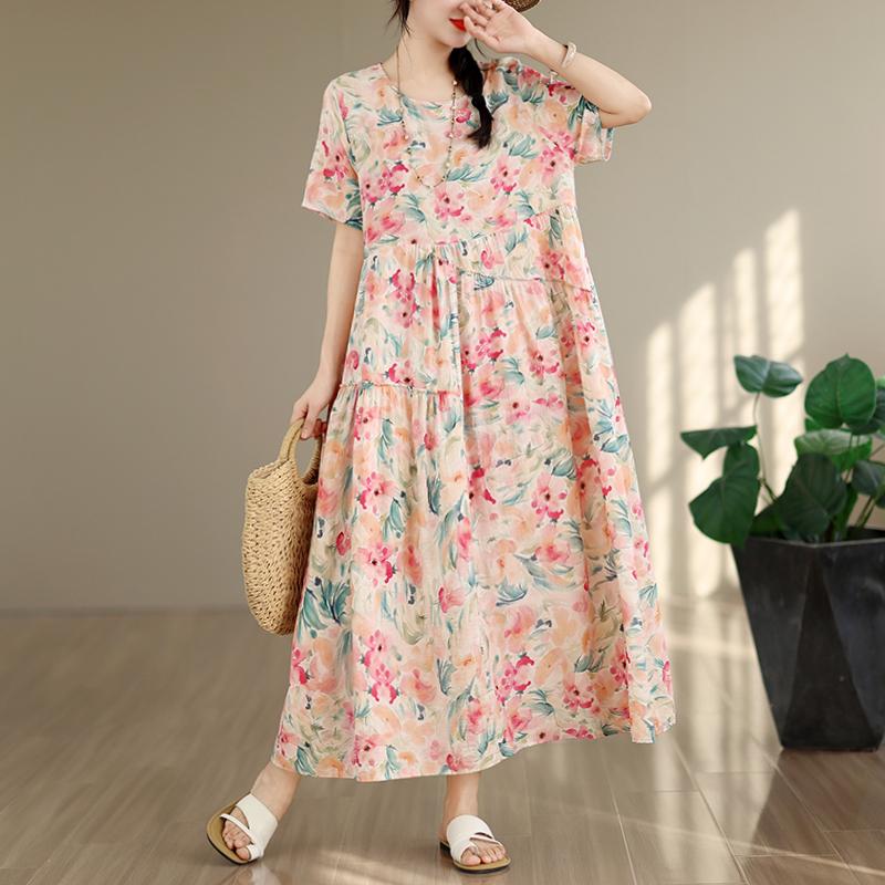 DIMANAF New 2026 Sundress Women Plus Size Summer Casual Print Long Dress Cotton Loose Oversize Maxi Floral Beach Holiday