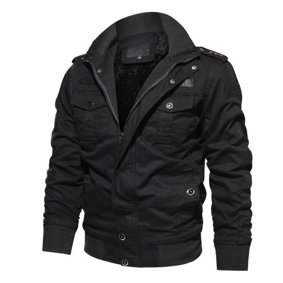 Men Bomber Jacket Plush Lining Multi Pockets Solid Color Zipper Closure Coldproof Autumn Winter Cargo Coat Windbreaker Streetwear