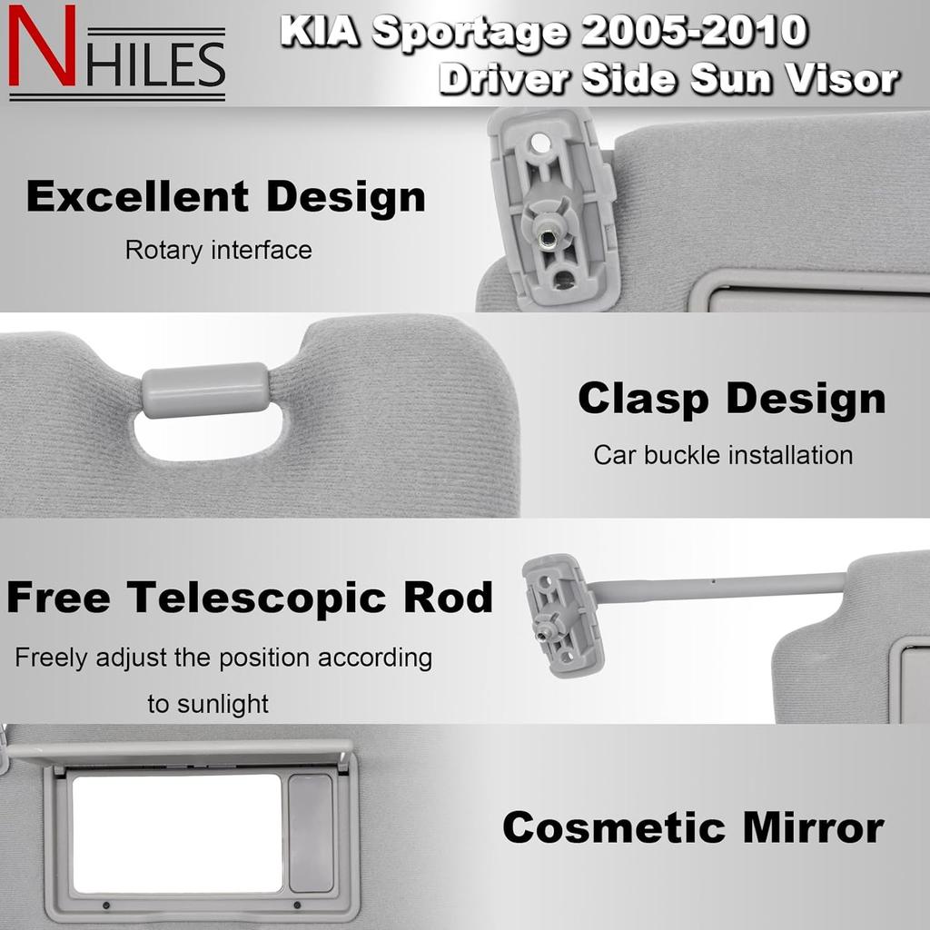 NHILES Driver Left Side Sun Visor Replacement Fits for KIA Sportage 2005-2010 Sunshade Without Light 85202-1F090LX Color Gray