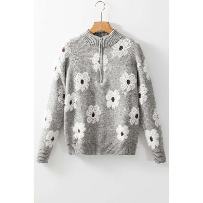 Women's Floral Pattern Half-zip Sweater Winte Warm Print Sweater