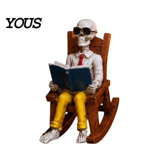 Novelty Skeleton Reading Figurine Halloween Figurine, Resin Sitting On Rocking Chair Statue, Drinking for Home Decor Coffee Crocheting Tabletop