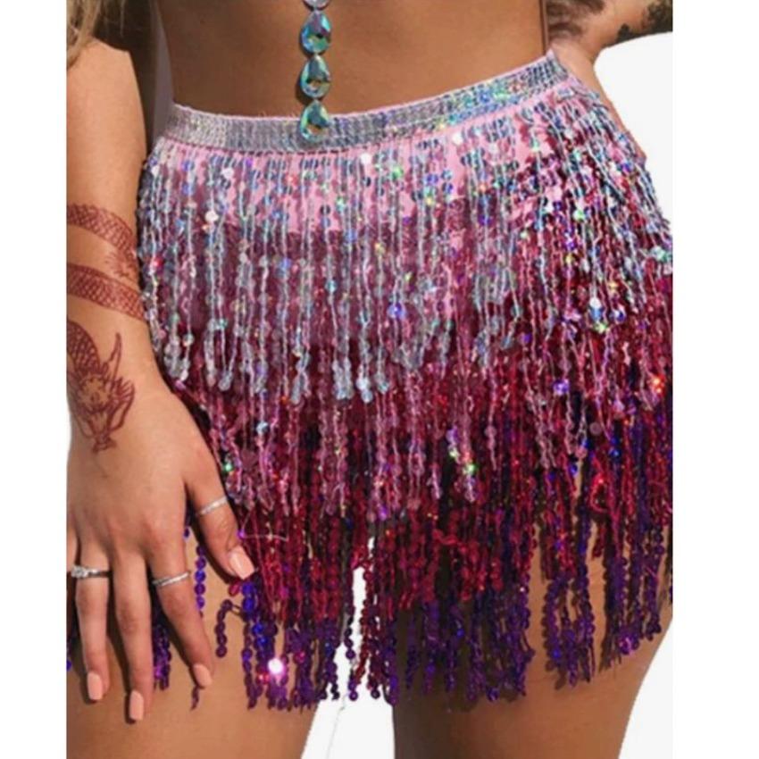 1 Pcs Fringed Waist Chain Belly Dance Waist Chain Indian Bohemian Lace-up Waist Scarf Sequined Fringed Skirt New Sequined